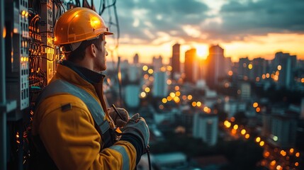 Power service technicians carry out power installation operations in a bright urban background under warm afternoon sunshine, showcasing professionalism, vitality, and a realistic urban atmosphere.