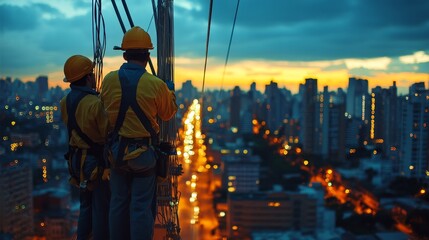 Power service technicians carry out power installation operations in a bright urban background under warm afternoon sunshine, showcasing professionalism, vitality, and a realistic urban atmosphere.