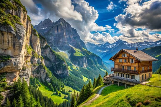 Scenic View of Gasthaus Aescher Wildkirchli in Appenzell Surrounded by Majestic Mountains and Lush Greenery, Capturing the Essence of Swiss Alpine Hospitality and Natural Beauty