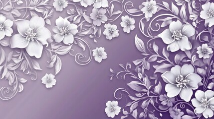 An elegant design featuring intricate white floral motifs set against a rich gradient background that transitions from soft lavender to dark purple.