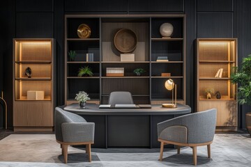 Modern, minimalist home office interior design with a large desk, two chairs, and shelves filled with decor.