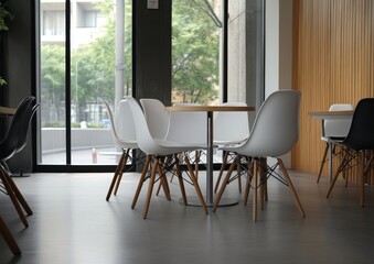 A modern cafe interior with a table and chairs. The room has large windows that provide a view of the city.