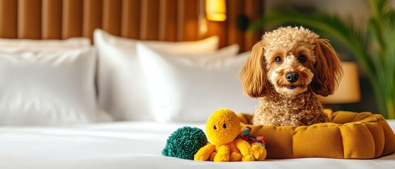 Hotel pet friendly concept . Cute dog relaxing on a cozy pet bed.