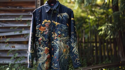 Fototapeta premium Japanese Wave and Floral Denim Shirt: Vintage Style, Art Deco Design
