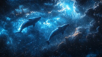Naklejka premium A dolphin leaping out of the nebula, against a background of space, in a fantasy style with bright colors