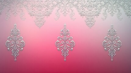 An intricate design featuring delicate silver motifs against a gradient background transitioning from light pink to dark magenta.