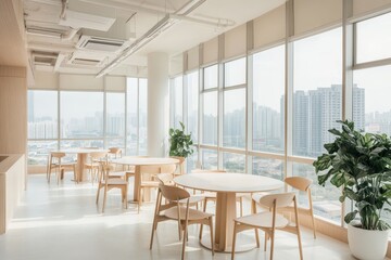 Fototapeta premium Modern office break room with large windows overlooking a city skyline.