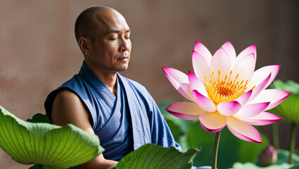 A monk meditating in a lotus garden