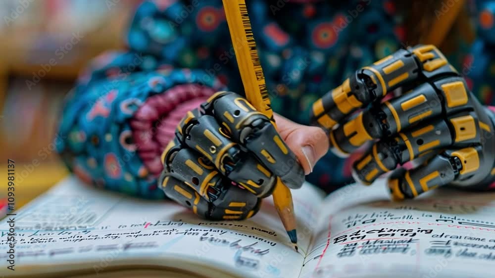 Aufkleber In a vibrant classroom, a child with robotic hands diligently writes in a notebook, showcasing the integration of technology with education during a creative learning activity.