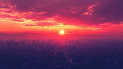 Fototapeta premium A sunset over a city, with the sky transitioning from red to indigo.