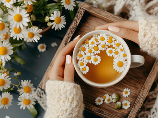 A cozy scene featuring a cup of tea adorned with daisies, surrounded by more daisies, evoking a sense of warmth and tranquility.
