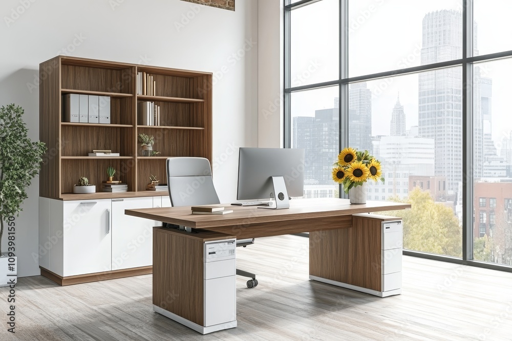 Poster modern office interior with a large window overlooking the city, a wooden desk with a computer, and 