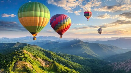 Hot Air Balloons Soaring Above Mountain Ranges