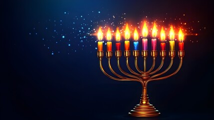 Vibrant Hanukkah menorah with lit candles.