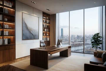 A modern office with a large window overlooking a city skyline, a wooden desk, a chair, and a bookshelf.