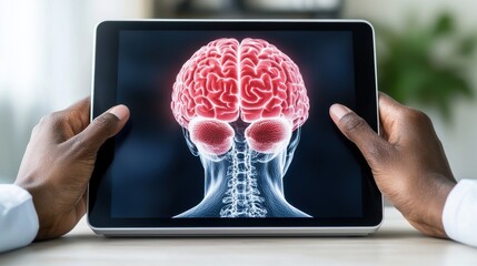 A person holds a tablet displaying a digital illustration of a human brain, highlighting its structure in a vibrant red color against a neutral background.