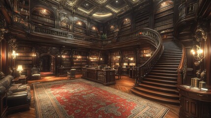 Obraz premium Grand Library Interior with Winding Staircase