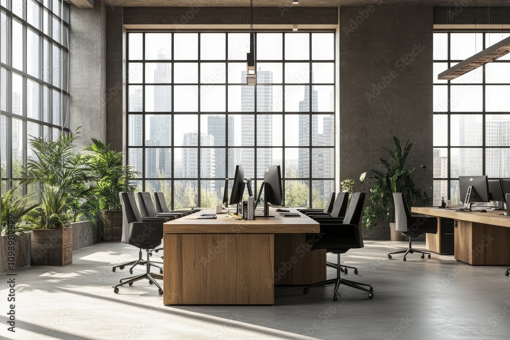 Poster a modern office space with large windows overlooking a city skyline. there are several desks with co