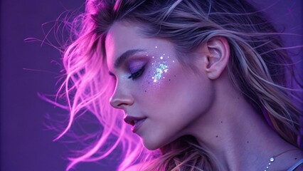 Fototapeta premium An enchanting portrait of a woman with windswept hair metallic glitter accentuating her cheekbones. The electric neon violet light wraps around her giving her a whimsical fairylike