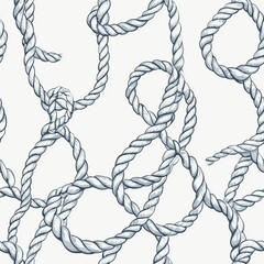 Seamless pattern of nautical ropes twisted into loops and knots on a light background