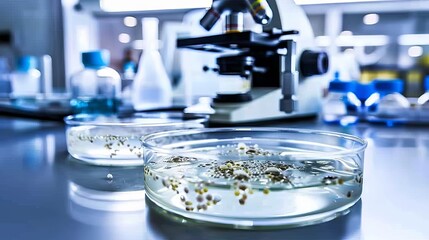 Close-up of stem cells in a petri dish under a microscope, symbolizing medical research and innovation, with scientific equipment in the background.	