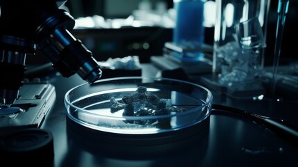 Close-up of stem cells in a petri dish under a microscope, symbolizing medical research and innovation, with scientific equipment in the background.	