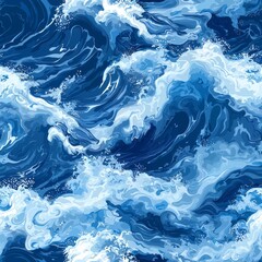 Seamless pattern of ocean waves and crashing surf in varying shades of blue