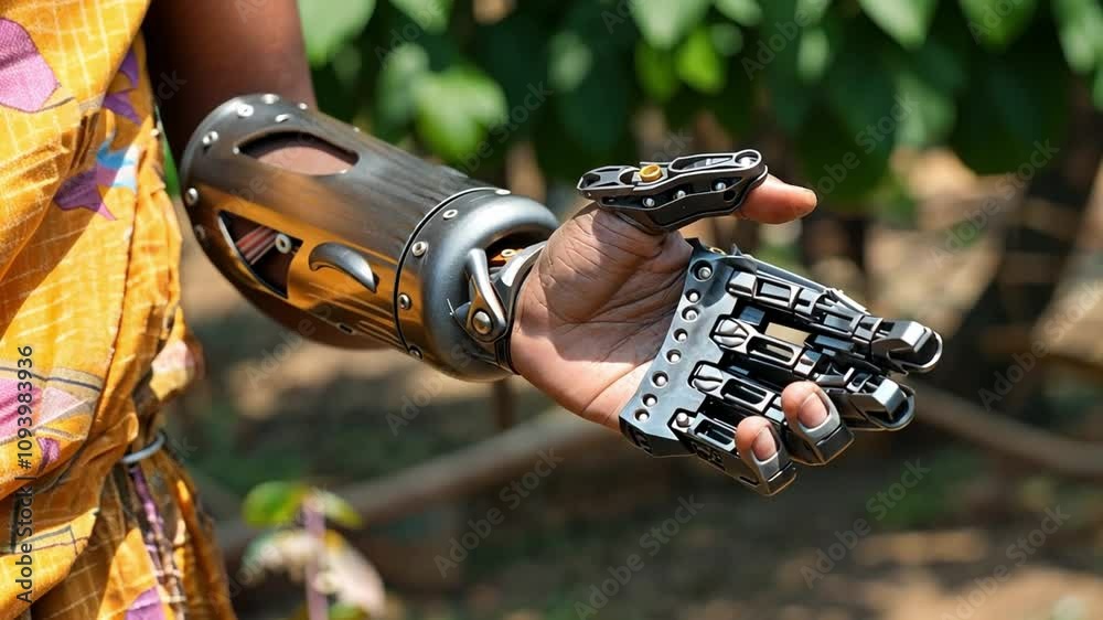 Poster a person showcases a modern prosthetic hand designed for improved dexterity and accessibility, enhan