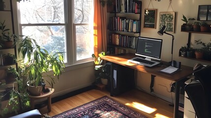 Fototapeta premium A workspace with a single laptop stand and no additional clutter