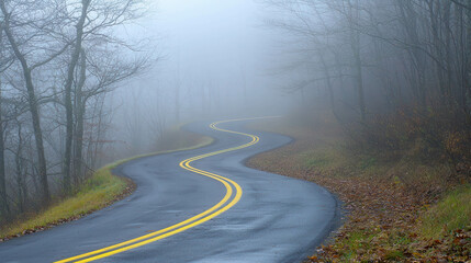 Fototapeta premium Winding Road Fading into Dense Fog Surrounded by Bare Trees and Fallen Leaves, Creating a Mysterious and Atmospheric Scene for Nature Lovers