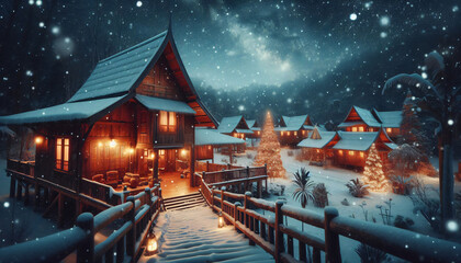 Traditional wooden Thai house during Christmas snowy night. Mixture of Thai village culture and Christmas