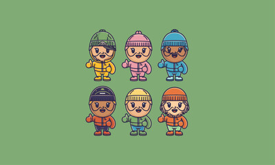 Cute characters in colorful winter outfits and hats.