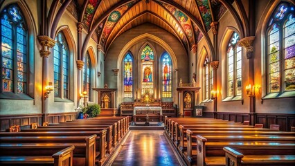 Obraz premium Serene Interior of a Church Featuring Elegant Architecture and Stained Glass Windows Bathed in Soft Light, Perfect for Spirituality and Peaceful Reflection Imagery