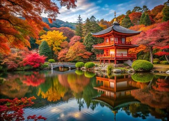 Fototapeta premium Serene Japanese Landscape Featuring Traditional Pagoda Surrounded by Vibrant Autumn Foliage with Tranquil Reflections in a Calm Pond and Lush Greenery in the Background