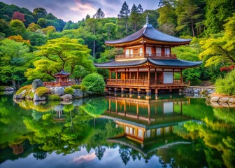 Serene Japanese Temple Surrounded by Lush Nature and Tranquil Waters, Perfect for Capturing the Essence of Traditional Architecture and Spirituality in Nature Photography