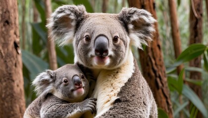 Naklejka premium A Heartwarming Encounter: Mother Koala Tenderly Embraces Her Joey in a Lush Australian Eucalyptus Forest