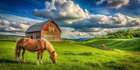 Serene Landscape Featuring a Lone Horse Grazing in a Vibrant Green Field with a Rustic Barn and Gentle Rolling Hills Under a Clear Blue Sky