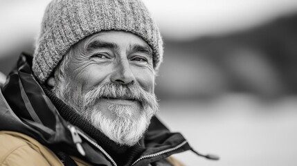 Smiling seventies fisherman with large mustache, dressed in vintage northern Norwegian attire, black and white portrait capturing rugged charm and timeless storytelling.