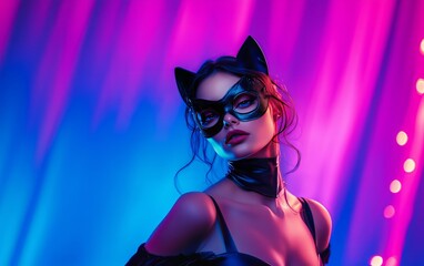 Stunning brunette woman wearing a black leather cat mask, against a blue and purple background with vibrant colors - Generative AI