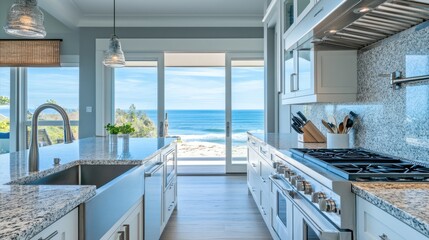 A modern beach house kitchen with granite countertops,