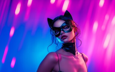 Stunning brunette woman wearing a black leather cat mask, against a blue and purple background with vibrant colors - Generative AI