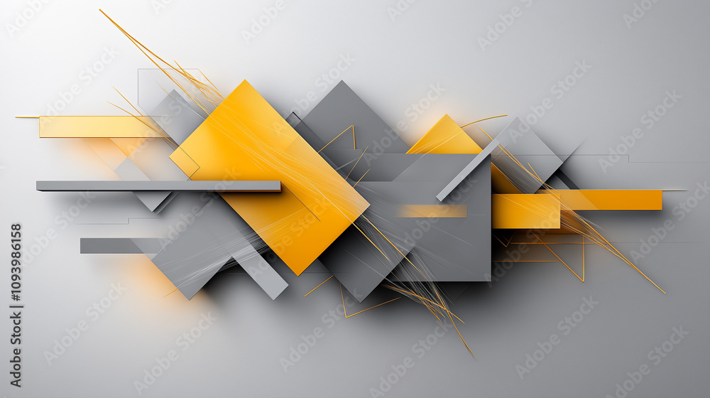 Poster Bold abstract composition of intersecting lines and shapes in gray and yellow