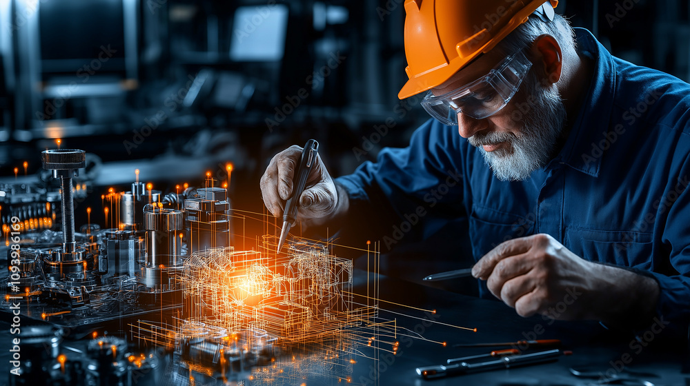 Poster skilled engineer inspects machinery with precision and focus