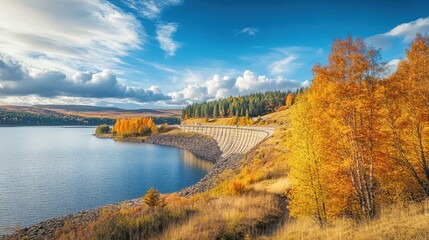 Obraz premium A picturesque landscape with a hydroelectric dam and reservoir,