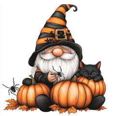 A gnome with a black and orange striped hat, a white beard, and a black cat hugging pumpkins while holding a spider in its hand, against a white background. Clipart illustration, detailed, cute, 