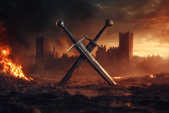 Crossed swords embedded in the ground on the background of ancient burning captured castle...