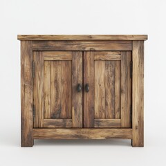 A rustic wooden cabinet with two doors, showcasing natural textures and a warm, earthy finish, perfect for home decor.