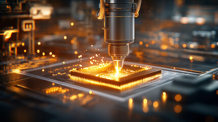 close up of robotic arm working on microchip, showcasing precision