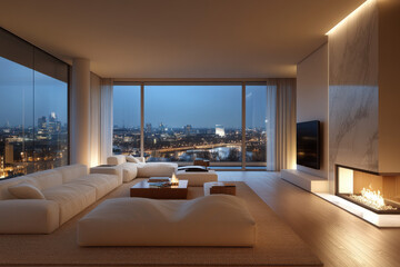 The living room in the city penthouse overlooks the night view of London, minimalism, Minotti furniture, a sofa, a coffee table, a large carpet, a marble TV background opposite, 