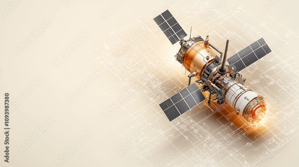 Poster conceptual design of network satellite with solar panels and details